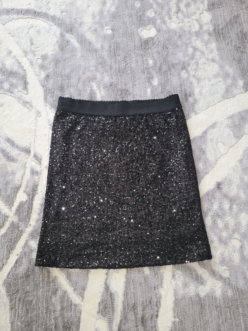 Sparkling Black Sequin Pencil Skirt with Ribbed Waistband Size 12